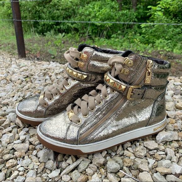 Michael Kors Gold Foil Studded High Rise Sneakers 7M - Picture 1 of 9